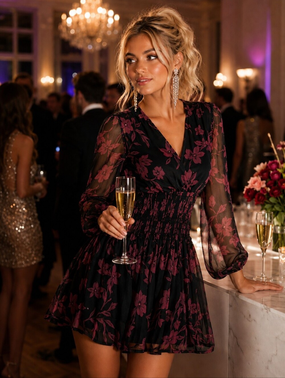 Black & Magenta Floral Pleated Mini Dress | Smocked Waist | Sheer Sleeve | Large - Picture 3 of 8